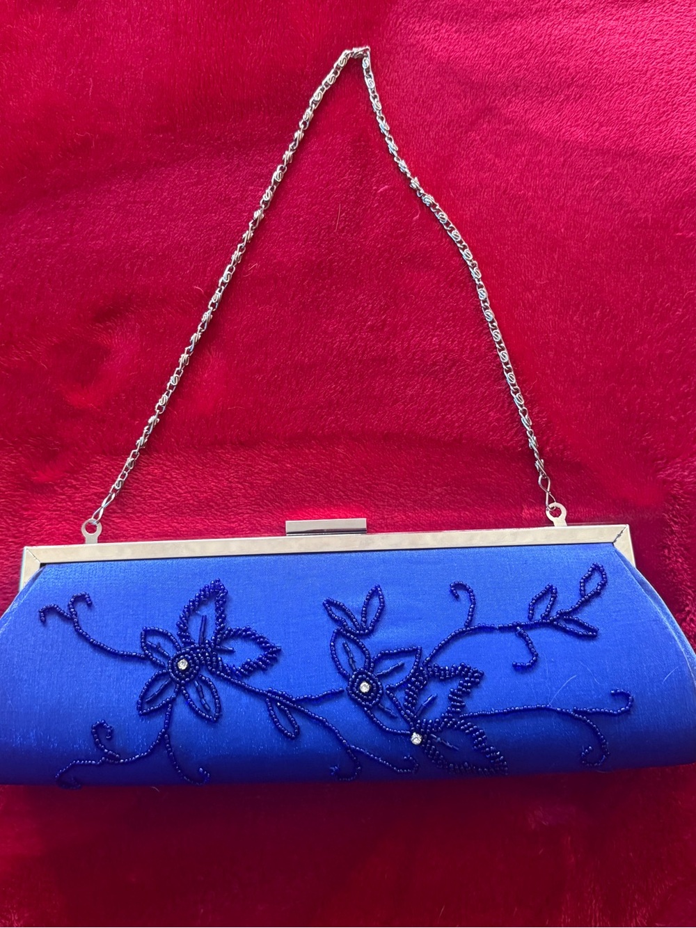 Vintage Royal Blue Satin Beaded Floral Clutch Evening Bag Silver Chain Purse